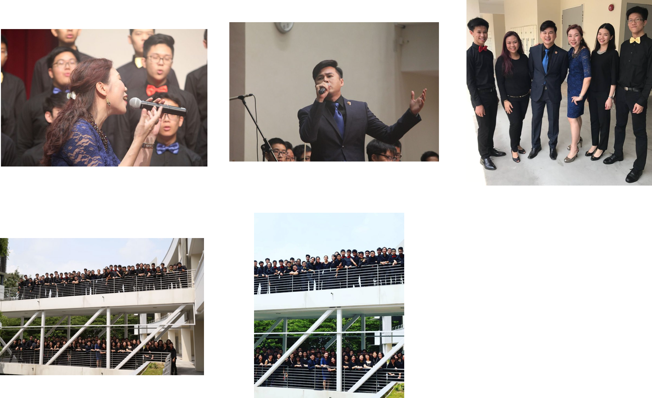 Five photos of a choir group: performers singing on stage and large groups posing on building balconies in black attire.